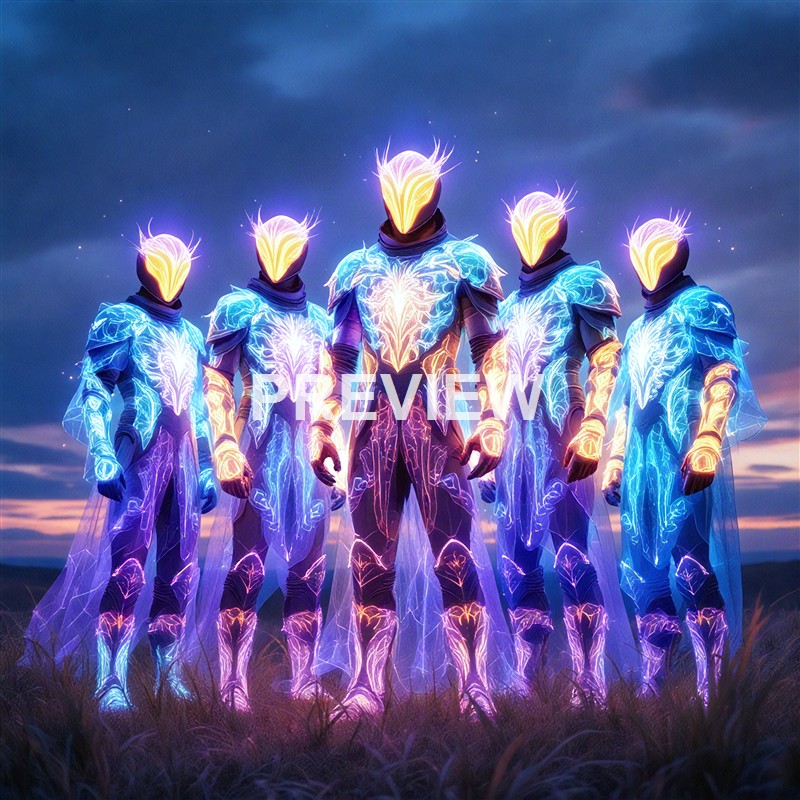 A group of five futuristic humanoid figures dressed in glowing, neon-lit armor with helmet-like heads, standing on a grassy field against a twilight sky.